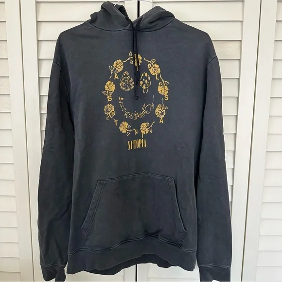 All Saints Nutopia faded black/dark charcoal grey Hoodie with Yellow Graphic - Picture 2 of 4